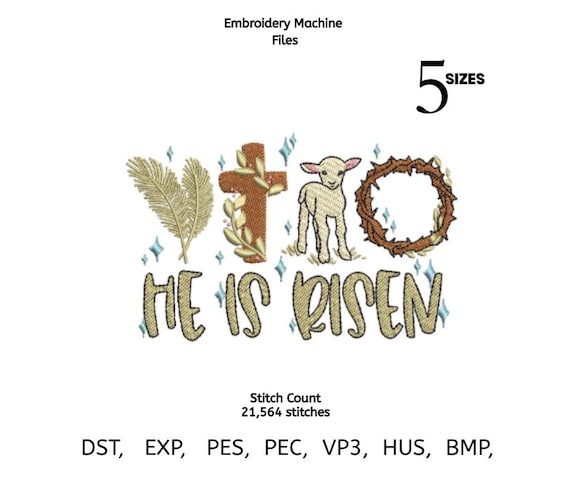 He Is Risen Embroidery Design | Easter Christian Cross & Lamb | Religious Machine Embroidery File | 5 Sizes | DST PES VP3