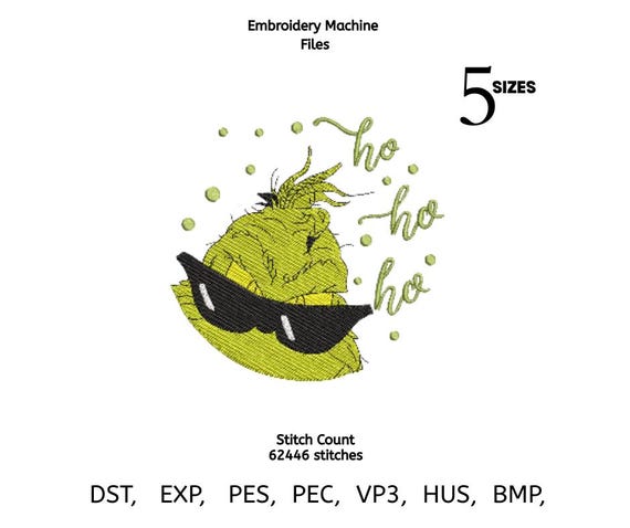 Ho Ho Ho Green Christmas Character Embroidery Design | Cool Sunglasses Holiday Sketch | Instant Download | Multiple Sizes & Formats