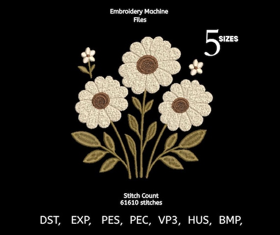 Daisy Flower Embroidery Design | Floral Embroidery Machine File | Botanical Embroidery Pattern | 5 sizes | DST PES EXP VP3