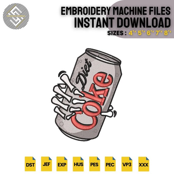 Diet Soda Can Embroidery Design | Skeleton Hand Drink Embroidery | Funny Beverage Machine Embroidery File | 5 Sizes