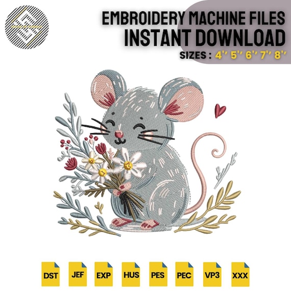 Cute Mouse Embroidery Design | Floral Animal Machine Embroidery File | Nursery Cartoon Mouse Stitch | Instant Download