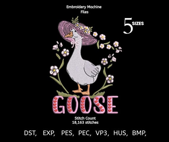 Cute Goose Embroidery Design | Floral Goose Machine Embroidery File | Vintage Farm Animal Pattern | 5 Sizes | DST PES EXP VP3