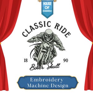 Diseño de bordado de calavera de motociclista clásico / 5 tamaños / Formatos PES DST