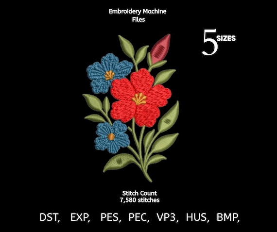 Red & Blue Floral Embroidery Design | Flower Bouquet Stitch File (Instant Download)