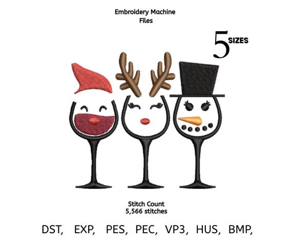 Christmas Wine Glass Trio Embroidery Design | Reindeer, Snowman & Santa Faces | 5 Sizes | Machine Embroidery Files (DST, PES, EXP, VP3,