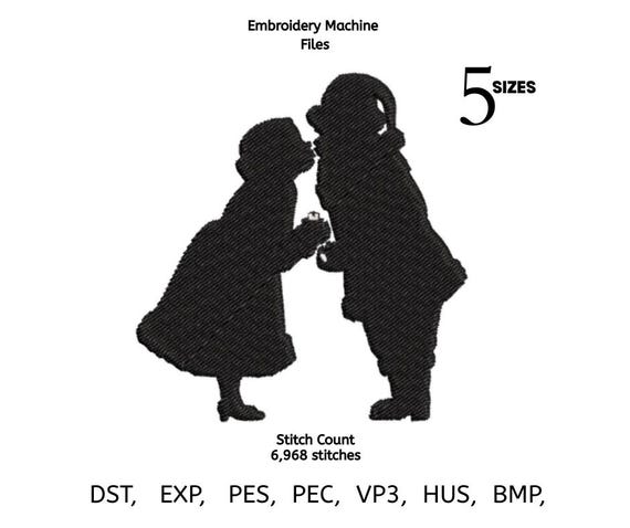 Vintage Kids Silhouette Embroidery Design | Boy & Girl Kiss Scene | Classic Machine Embroidery File | 5 Sizes