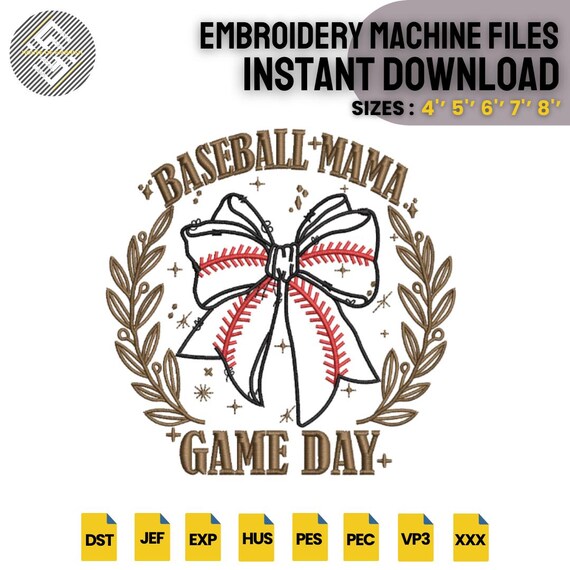 Baseball Mama Embroidery Design | Game Day Bow Stitch File | Sports Mom Machine Embroidery Pattern | 5 Sizes | DST PES EXP VP3