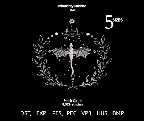 Fantasy Dragon Sigil Embroidery Design | Mythical Dragon Machine File | Gothic Dragon Crest | DST PES EXP VP3  | 5 Sizes