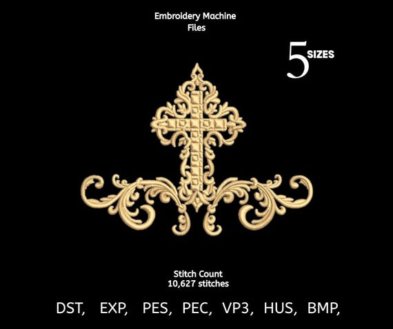 Ornate Baroque Cross Embroidery Design | Christian Motif (Instant Download)
