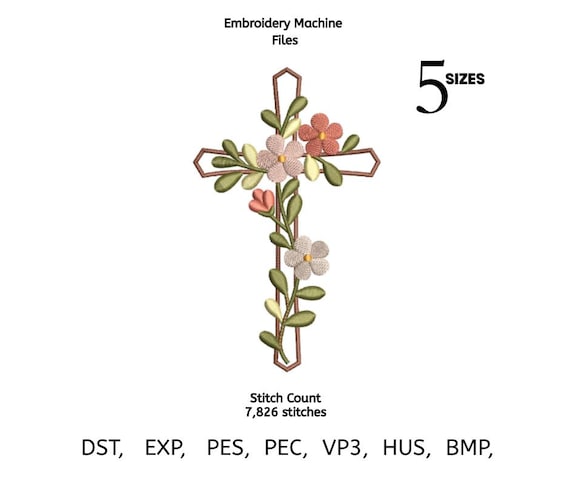 Floral Cross Embroidery Design | Religious Easter Decor (Digital Download)