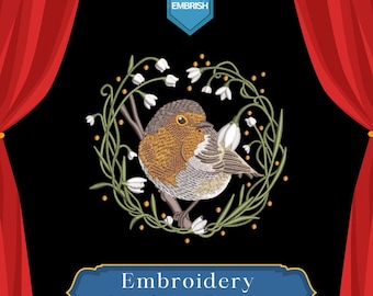 Robin Bird Floral Embroidery Design | Nature Circle Frame (DST PES EXP File)