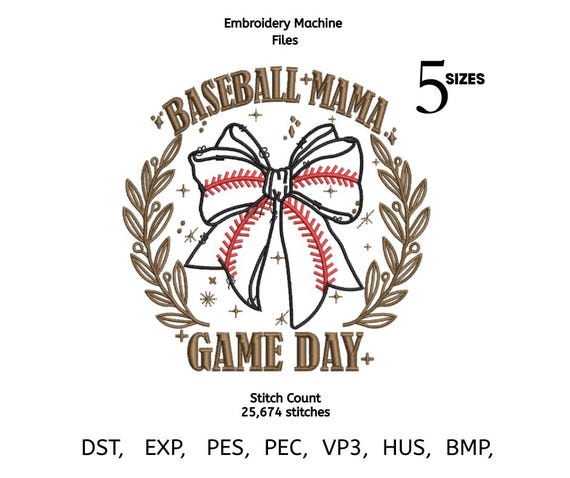 Baseball Mama Embroidery Design | Game Day Bow Stitch File | Sports Mom Machine Embroidery Pattern | 5 Sizes | DST PES EXP VP3