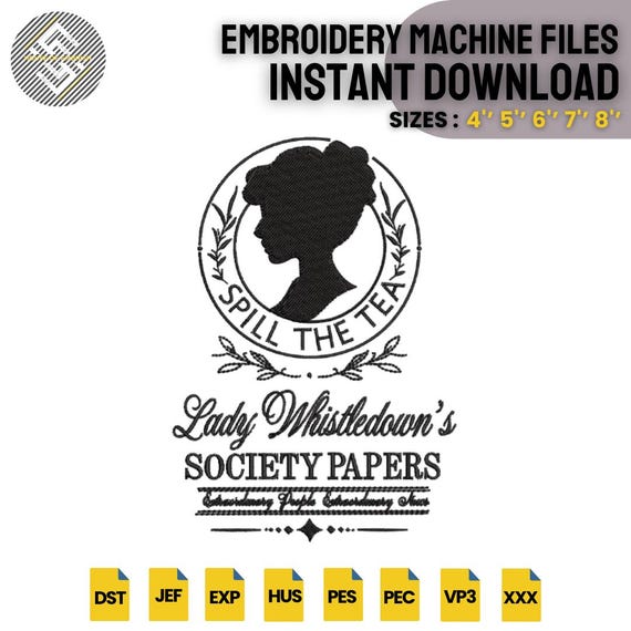 Spill The Tea Embroidery Design | Vintage Lady Silhouette | Bookish Tea Lover | Machine Embroidery File | Digital Download