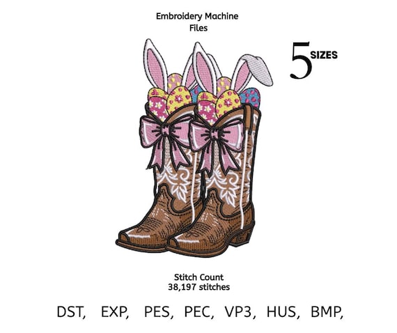 Easter Cowboy Boots Embroidery Design | Bunny Ears & Eggs Western Pattern | Cute Spring Embroidery File | 5 Sizes | Digital Machine Files