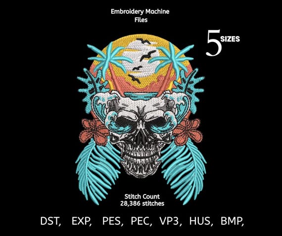Tropical Skull Embroidery Design | Summer Beach Tattoo Style Machine File | Palm Tree Sunset Pattern | 5 Sizes | DST PES EXP VP3