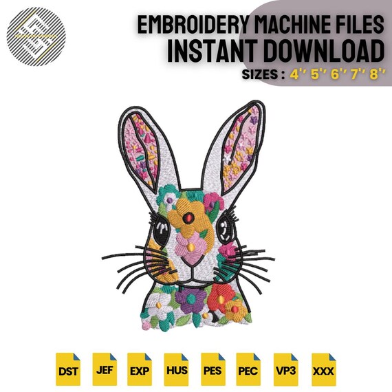 Floral Bunny Embroidery Design | Spring Animal Machine File (PES DST EXP VP3)