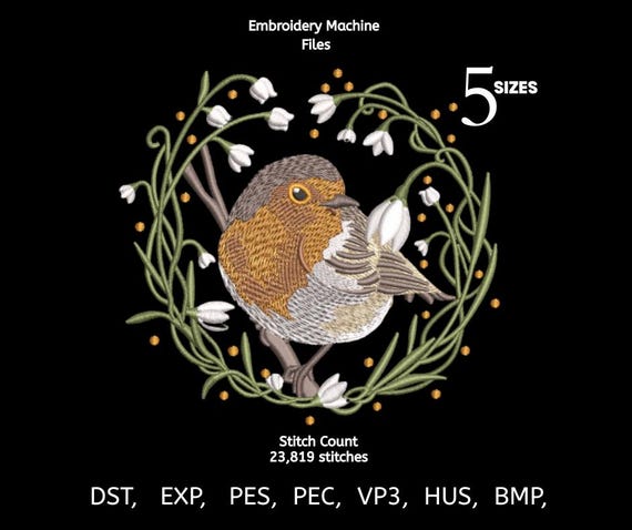 Bird Floral Wreath Embroidery Design | Robin Bird Embroidery File | Nature Circle Frame | Machine Embroidery Pattern DST PES EXP
