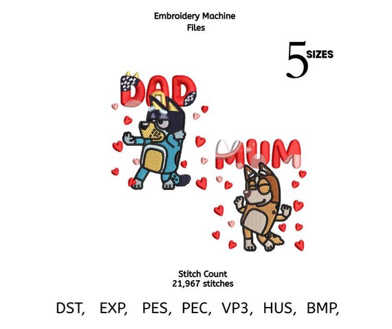 Mum & Dad Dog Embroidery Design - Valentine Puppy Couple (PES DST EXP Download)