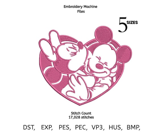 Love Mouse Couple Heart Embroidery Design | Valentine Machine Embroidery File | Romantic Mouse | 5 Sizes | DST PES VP3
