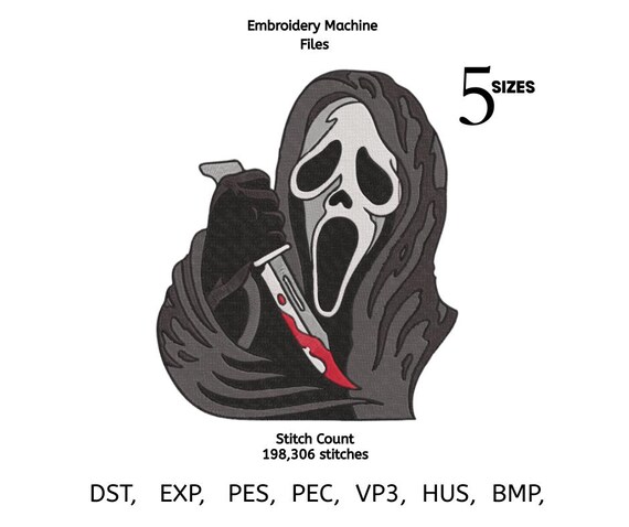 Horror Hooded Mask Embroidery Design | Killer Face Machine Embroidery File | Scary Halloween Pattern | 5 Sizes | DST PES EXP VP3
