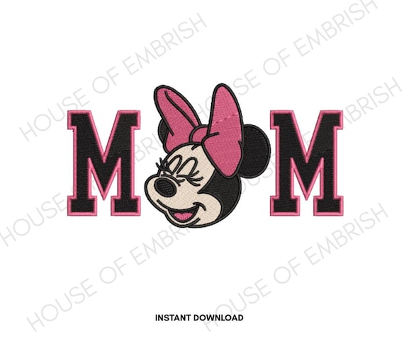 Cute Bow Eared Mom Embroidery Design | Cartoon Mouse Style Letter Patch File | Mom Outline Stitch Pattern | 5 Sizes | DST PES EXP VP3