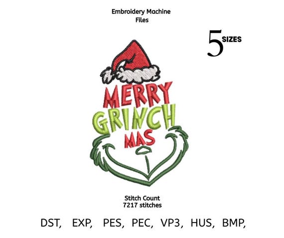 Merry Grinchmas Embroidery Design | Christmas Machine Embroidery | Funny Holiday Santa Hat Stitch | 5 Sizes | PES DST EXP VP3