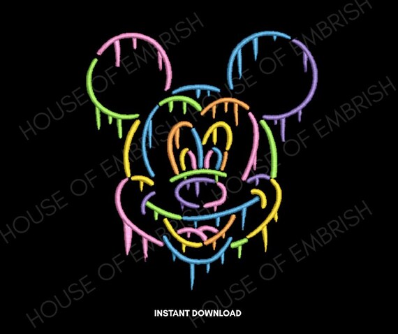 Drip Mouse Embroidery Design | Neon Outline Cartoon Mouse | Machine Embroidery File | 5 Sizes | DST PES VP3
