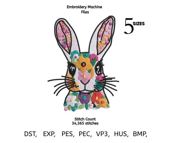 Floral Bunny Embroidery Design | Rabbit Flower Digital File | Spring Animal Machine Embroidery | PES DST EXP VP3
