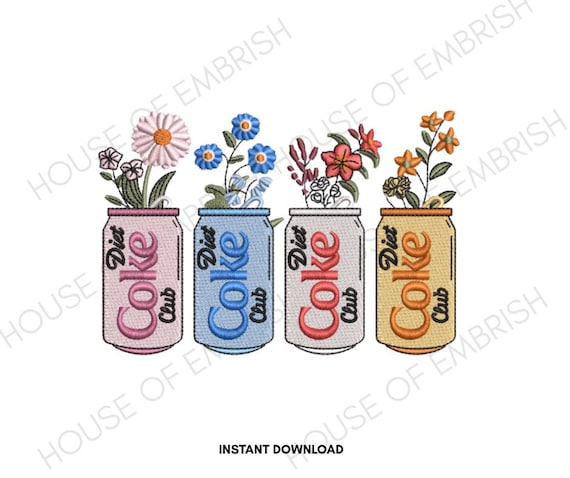 Floral Soda Can Embroidery Design – Diet Coke Club, Cottagecore (PES DST EXP Download)