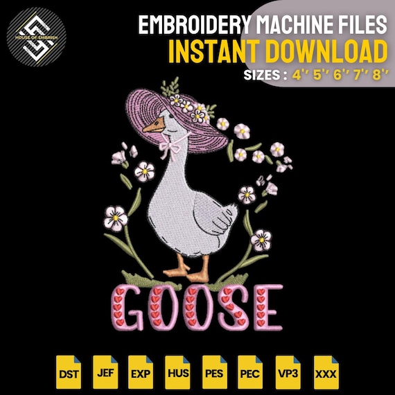 Cute Goose Embroidery Design | Floral Goose Machine Embroidery File | Vintage Farm Animal Pattern | 5 Sizes | DST PES EXP VP3
