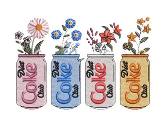 Diet Coke Blumen Stickdatei, Blumen Sodadose Stickdatei, Süßes Botanisches Stickmuster, Frühling Garten Kunst, DST EXP PES