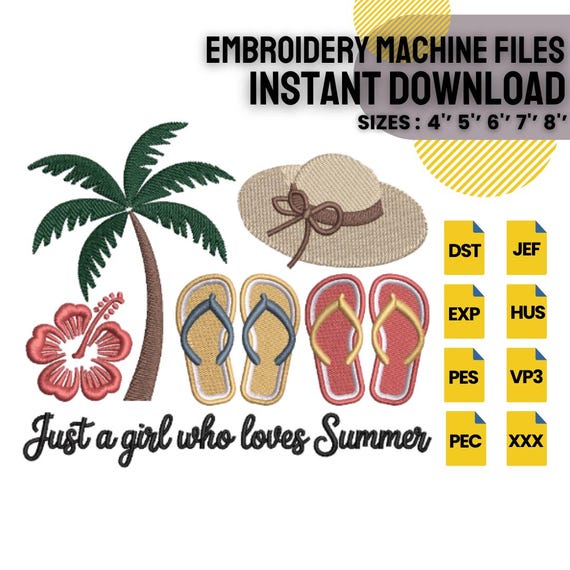 Summer Quote Embroidery Design | Just a Girl Who Loves Summer | Beach Machine Embroidery File | Instant Download