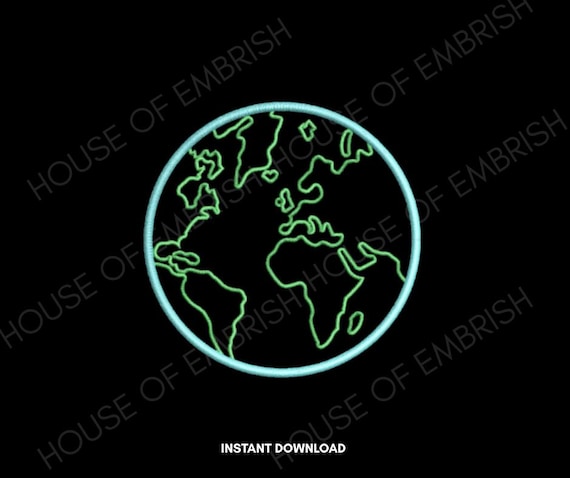 Earth Globe Embroidery Design | World Map Outline | Minimal Line Art Machine Embroidery File | 5 Sizes | DST PES VP3