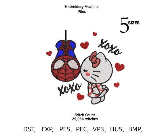 Kawaii Cat & Masked Hero Embroidery Design • XOXO Heart Pattern (Digital Download)