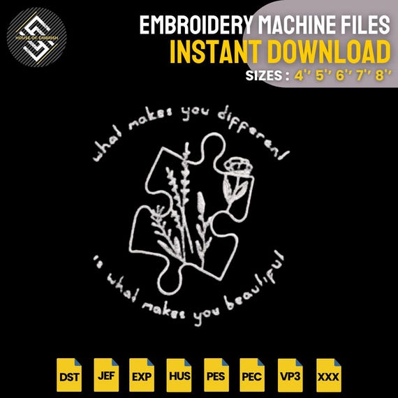 Inspirational Puzzle Embroidery Design | What Makes You Different Is What Makes You Beautiful | Floral Line Art Machine Embroidery File