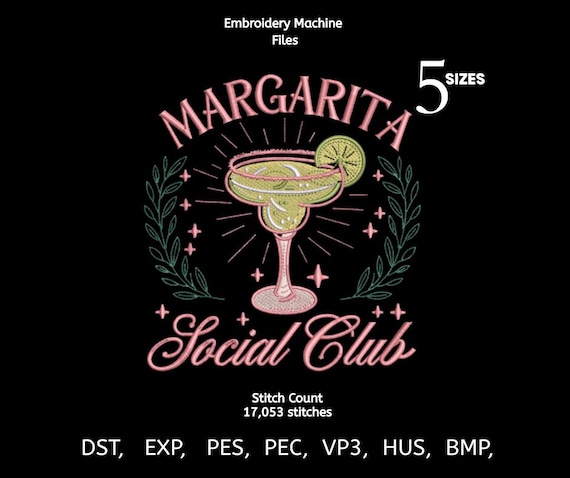 Margarita Embroidery Design | Cocktail Glass Retro Bar Stitch File | 5 Sizes | Drink Embroidery Pattern | DST PES EXP VP3