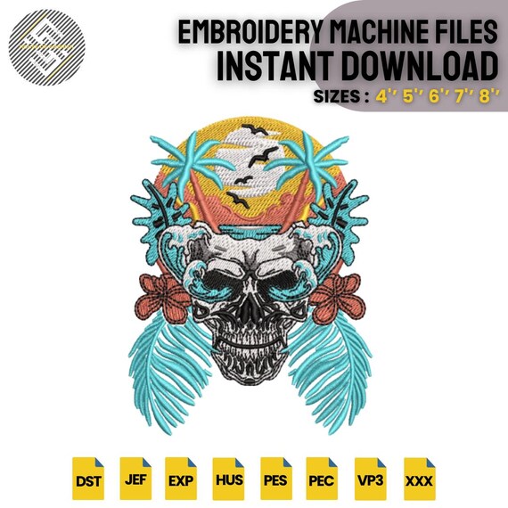 Tropical Skull Embroidery Design | Summer Beach Tattoo Style Machine File | Palm Tree Sunset Pattern | 5 Sizes | DST PES EXP VP3