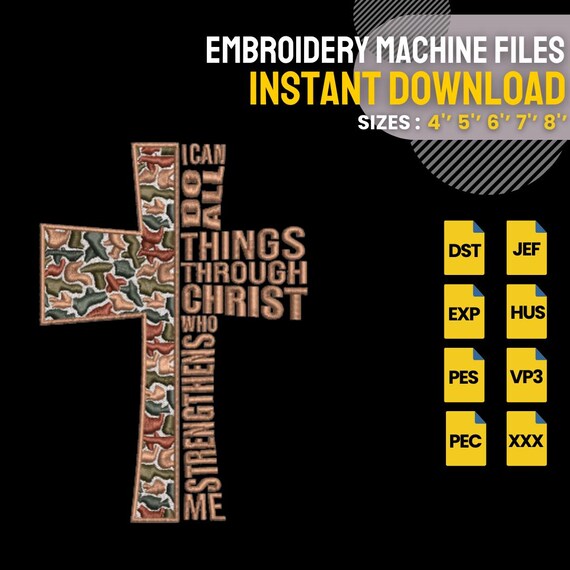 I Can Do All Things Through Christ Embroidery Design | Christian Cross Machine Embroidery File | 5 Sizes | DST PES EXP