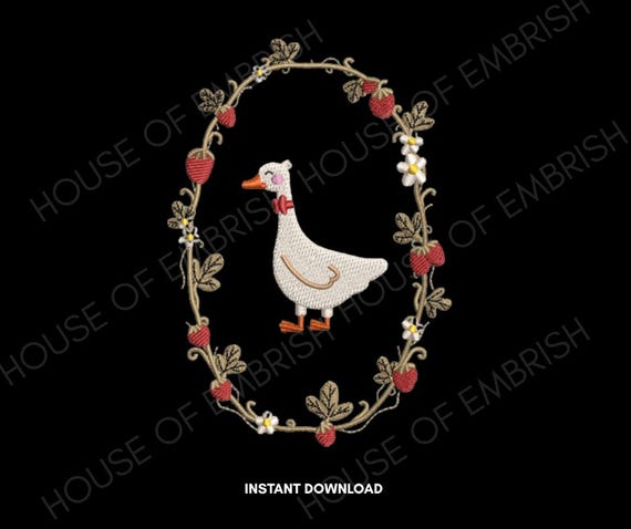 Goose Embroidery Design with Floral Frame | Farmhouse Goose Machine Embroidery File | Vintage Goose Embroidery Pattern | Instant Download