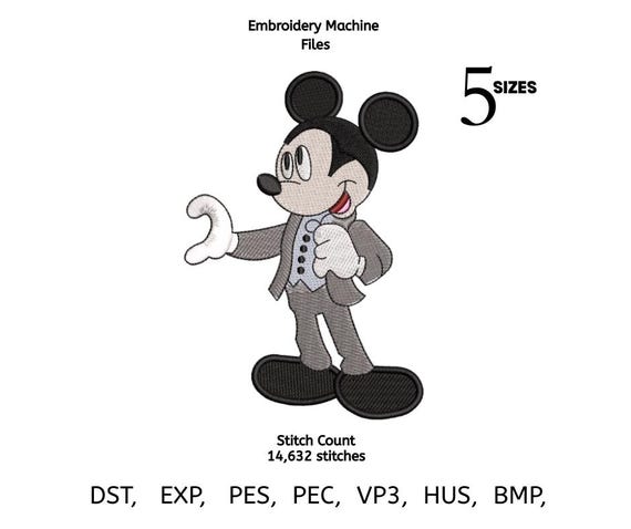 Valentine Mickey Embroidery Design – Dapper Suit Applique, Machine Embroidery File, PES DST Instant Download