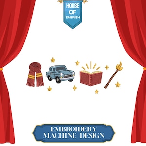 Diseño de bordado mágico de mago / Archivo de puntada de coche, varita y libro