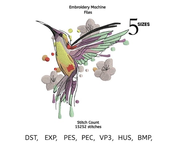 Watercolor Hummingbird Embroidery Design | Artistic Bird Machine Embroidery File | Color Splash Pattern | 5 Sizes | DST PES EXP VP3