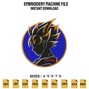 Puede incluir: Un archivo de máquina de bordar con un diseño circular sobre fondo azul y la silueta negra de un personaje de pelo puntiagudo con reflejos naranjas. El texto dice EMBROIDERY MACHINE FILE INSTANT DOWNLOAD y SIZES: 4' 5' 6' 7' 8, con iconos de formato DST, JEF, EXP, HUS, PES, PEC, VP3, XXX y BMP.