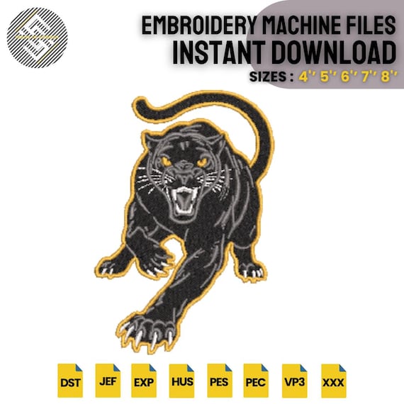 Panther Embroidery Design | Wild Cat Machine Embroidery File | Mascot Animal Patch Pattern | 5 Sizes | DST PES EXP VP3