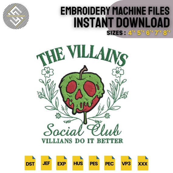 Villain Apple Embroidery Design | Gothic Quote Machine Embroidery File | Dark Fantasy Embroidery Pattern | 5 Sizes