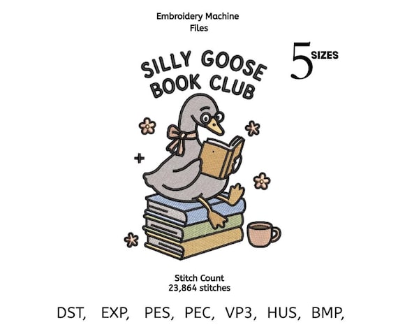 Silly Goose Book Club Embroidery Design | Cute Goose Reading Books | Book Lover Embroidery File | Machine Embroidery Digital Download