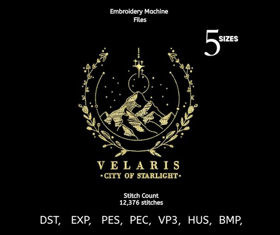 Fantasy Mountain Crest Embroidery Design | Starlight City Inspired Machine Embroidery File | Magical Night Embroidery | 5 Sizes