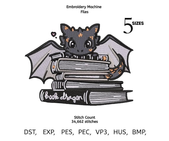 Book Dragon Embroidery Design | Cute Fantasy Dragon on Books | Machine Embroidery File | DST PES EXP VP3  | 5 Sizes | Instant Download
