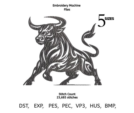 Tribal Bull Embroidery Design | Taurus Animal Machine Embroidery File | Tattoo Style Bull Pattern | 5 Sizes | DST PES EXP VP3