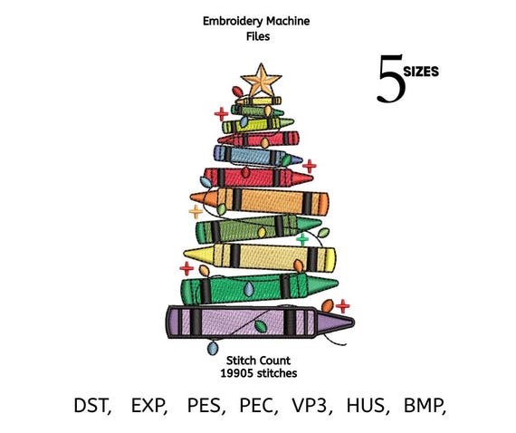 Crayon Christmas Tree Embroidery Design – Festive Teacher Holiday Stitch File | Instant Download